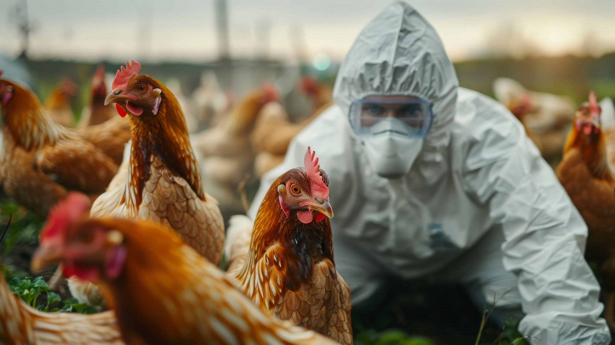 Escena fotorrealista de una granja avicola con personas y pollos ba3a009d